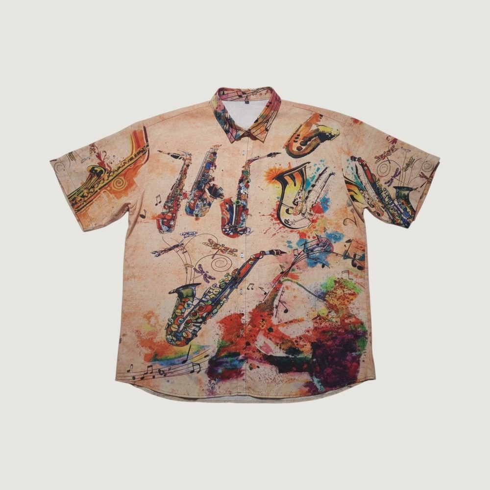 Vintage Men's Abstract Jazz Saxophone Print Short Sleeve Button Down Shirt 5XL